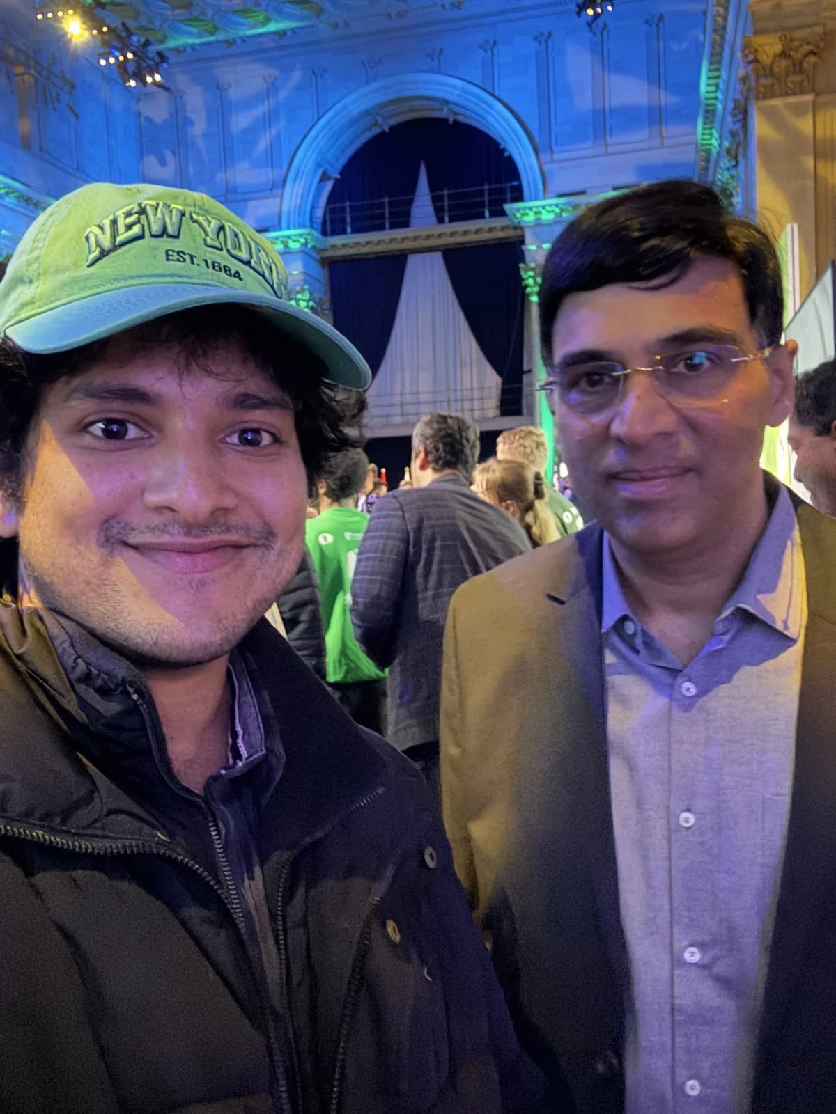 Mihir and Vishy Anand posing for a photograph at the event.