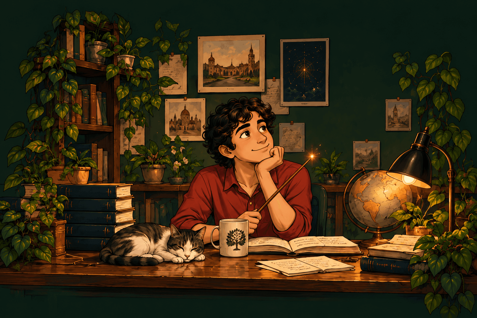 An illustrated version of Mihir at a warm, book-filled desk with a sleeping cat.